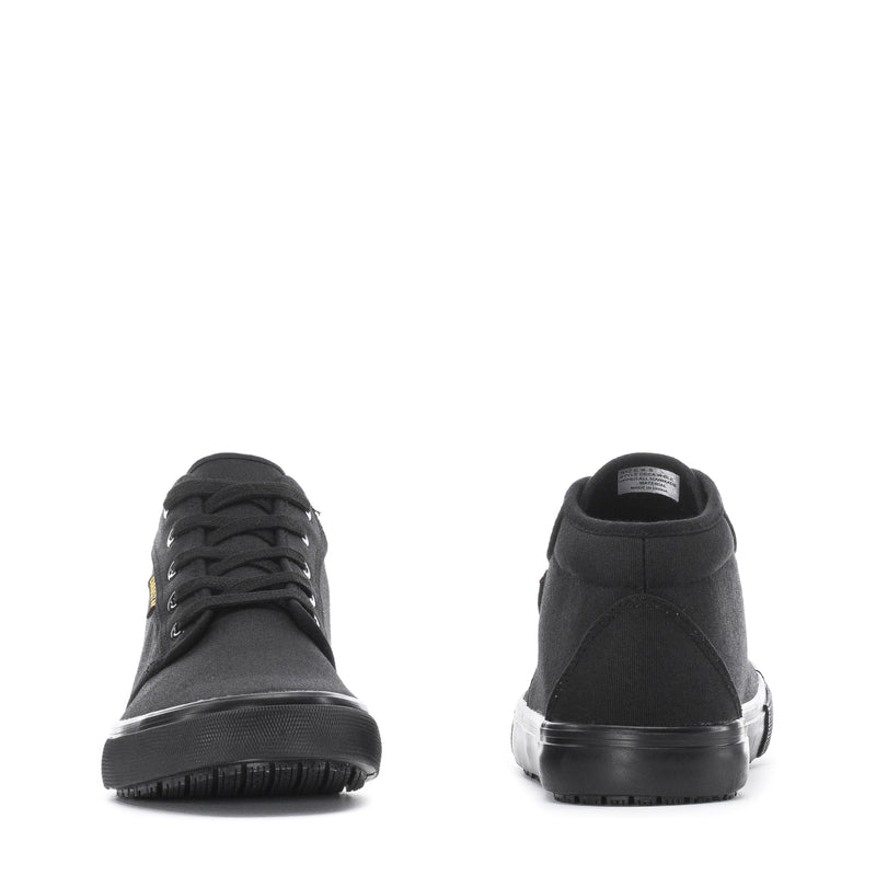 Black lace-up sneaker heel and front, low-profile rubber outsole