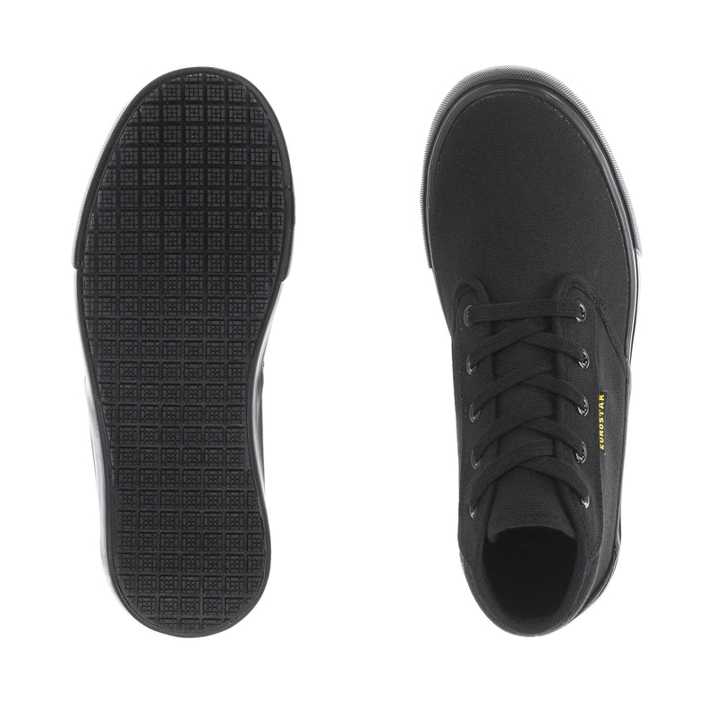 Black outsole tread and open toe view of high-top lace-up sneaker