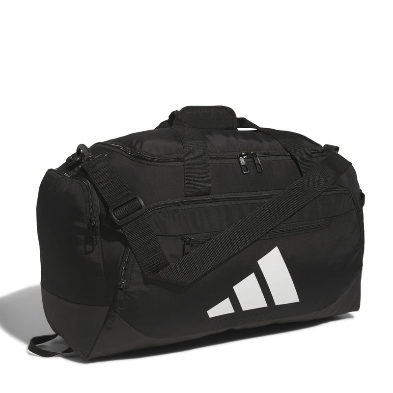 Black small duffel bag with white logo stripes, dual zippers, and side carry handles