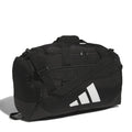 Black small duffel bag with white logo stripes, dual zippers, and side carry handles