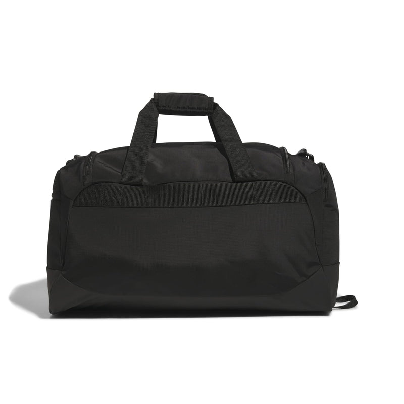 Black small duffel bag with top carry handle and front zip pocket