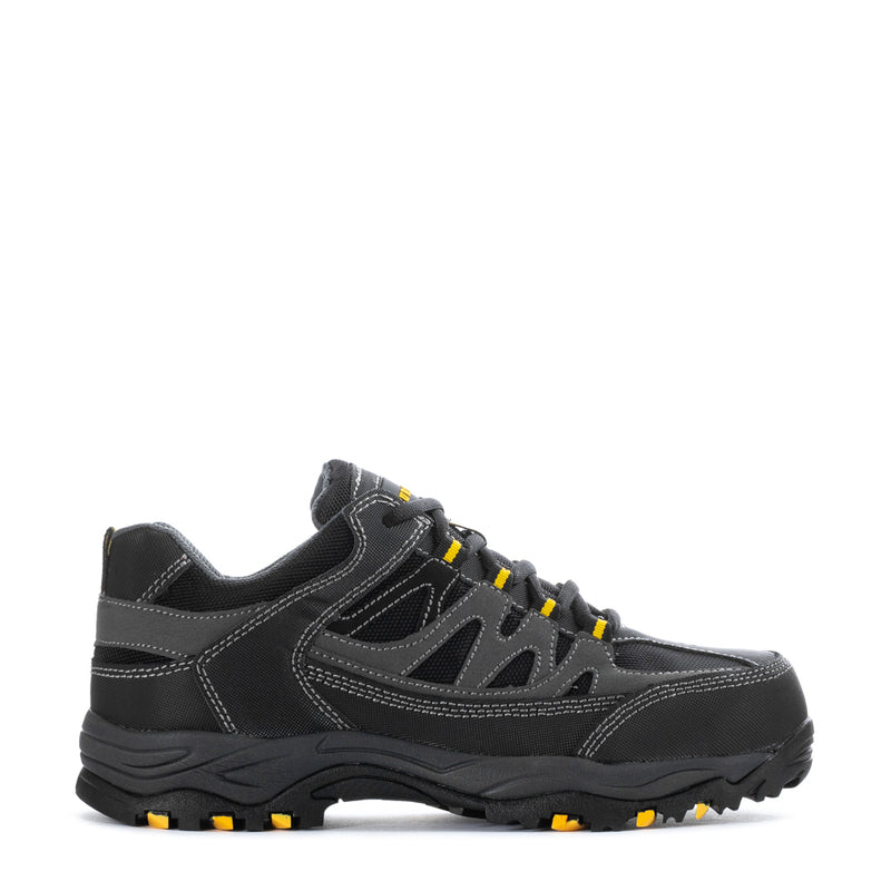 Men's black work shoes with lace-up, contrast gray panels and yellow accents