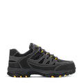 Men's black work shoes with lace-up, contrast gray panels and yellow accents
