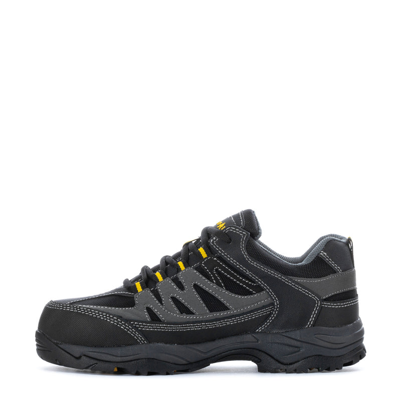 Men's lace-up work shoes, black with charcoal overlays, yellow-trim eyelets