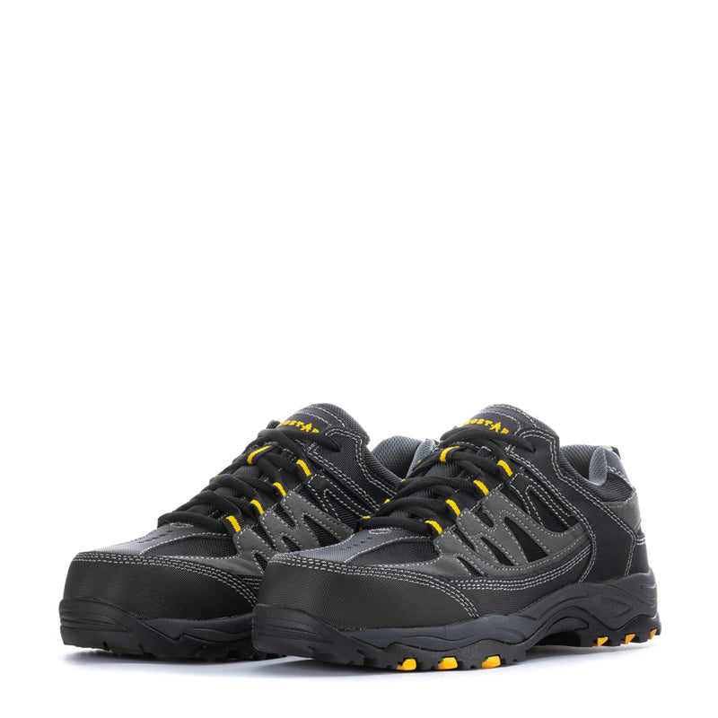 Pair of black lace-up work shoes with yellow accents and rugged tread soles