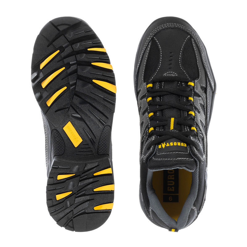 Black work shoes soles and side view, yellow stripe accents and lace-up closure