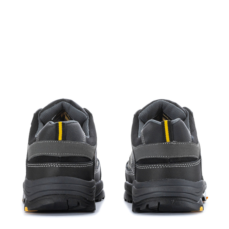Back view of men's black work shoes, cushioned collars and yellow heel detailing