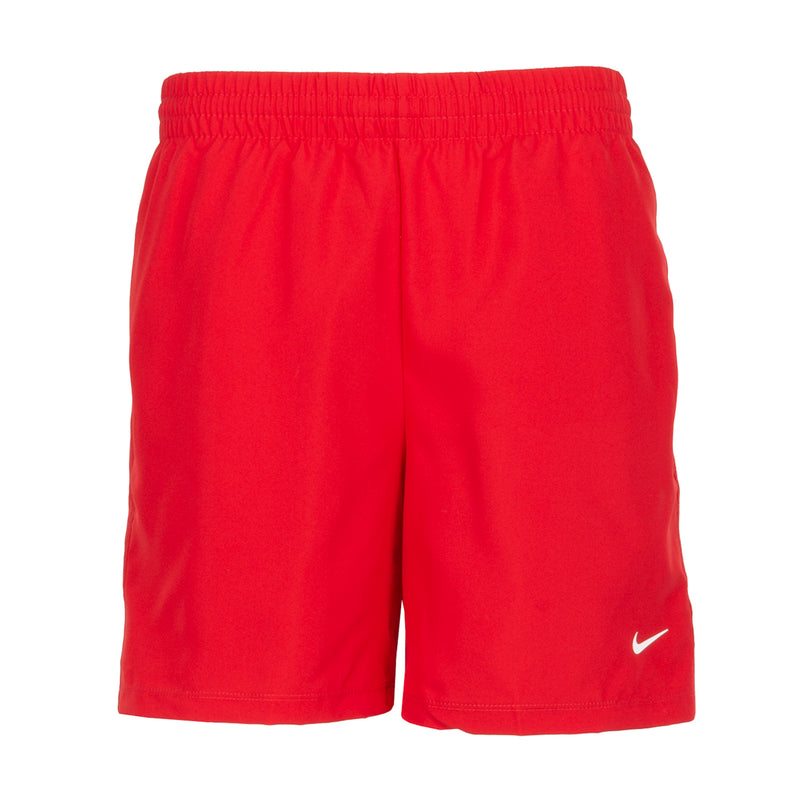 Youth red woven shorts with elastic waistband and small side logo