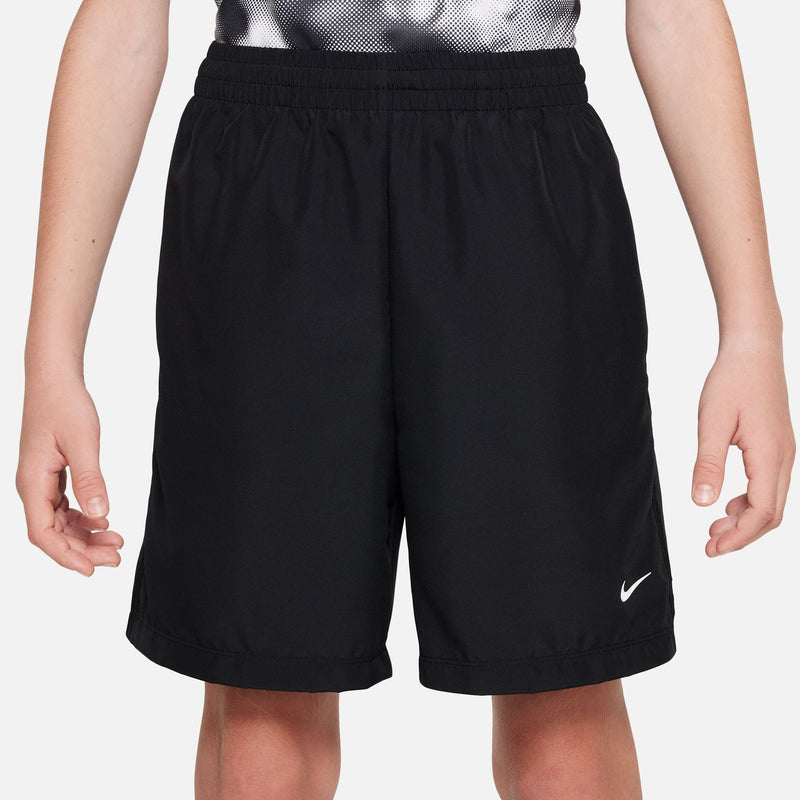 Black youth woven athletic shorts with elastic waistband and Nike logo
