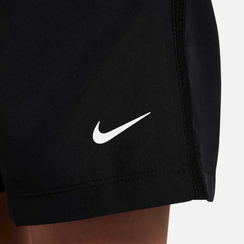 Black youth athletic shorts with embroidered Nike swoosh on side panel