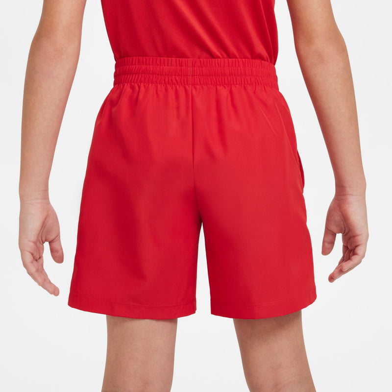 Front view of youth red shorts with elastic waistband and straight hem