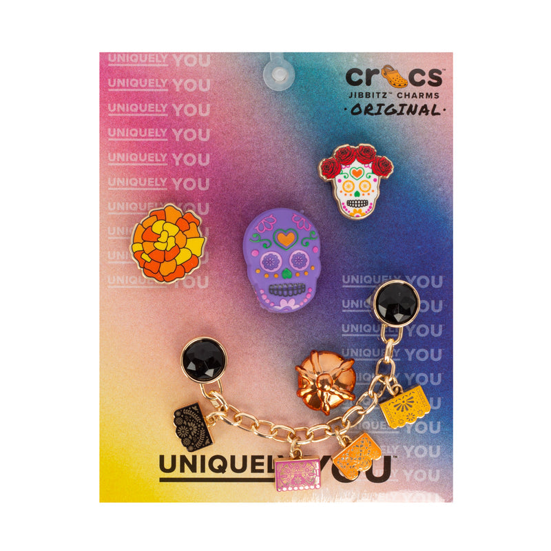 Dia de los Muertos jibbitz charm pack with colorful skull, heart, and cross designs