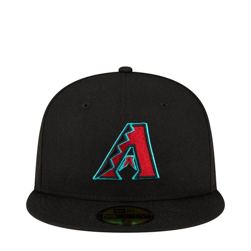 Black baseball cap with teal and red front logo patch