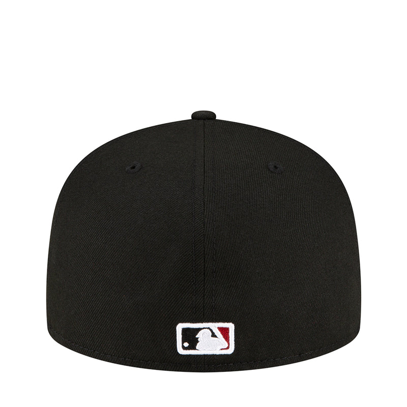Black baseball cap with white and red front logo patch
