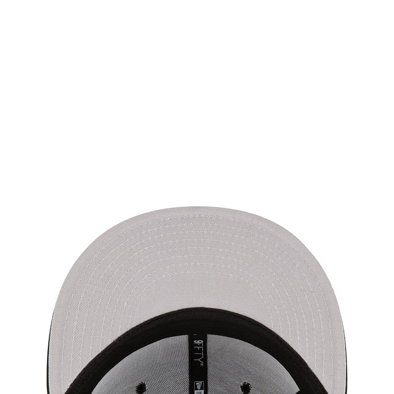 Light gray baseball cap with black inner band and snapback adjuster tabs.