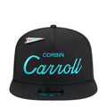 Black A-frame baseball cap with teal Corbin Carroll front logo and Diamondbacks pin