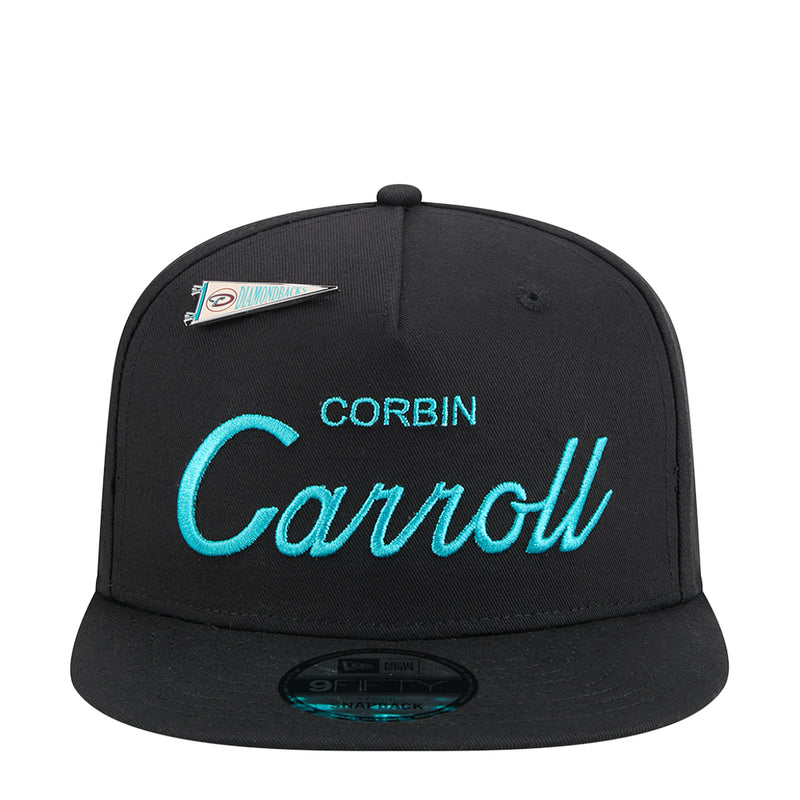 Black A-frame baseball cap with teal Corbin Carroll front logo and Diamondbacks pin