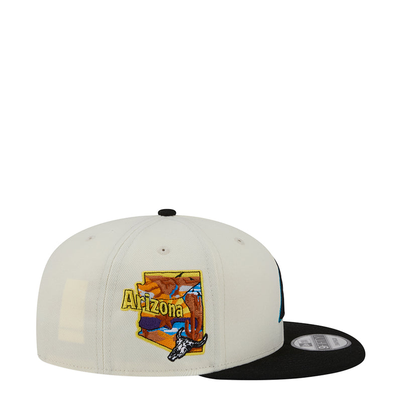 White baseball cap with black brim and Arizona graphic patch on front
