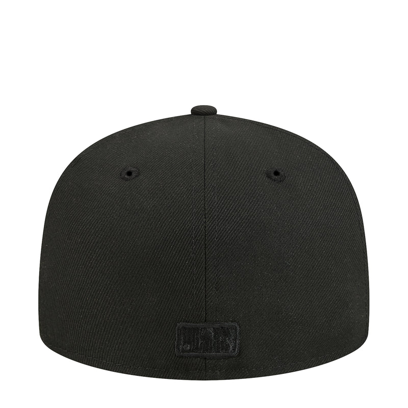 Black baseball cap with embroidered back logo patch and eyelets on top.