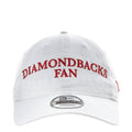 White Diamondbacks fan cap with red 'DIAMONDBACKS FAN' front embroidery and New Era logo patch
