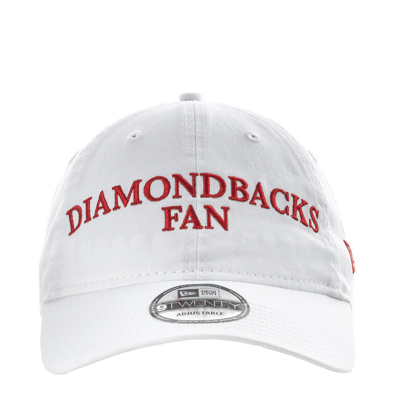 White Diamondbacks fan cap with red 'DIAMONDBACKS FAN' front embroidery and New Era logo patch