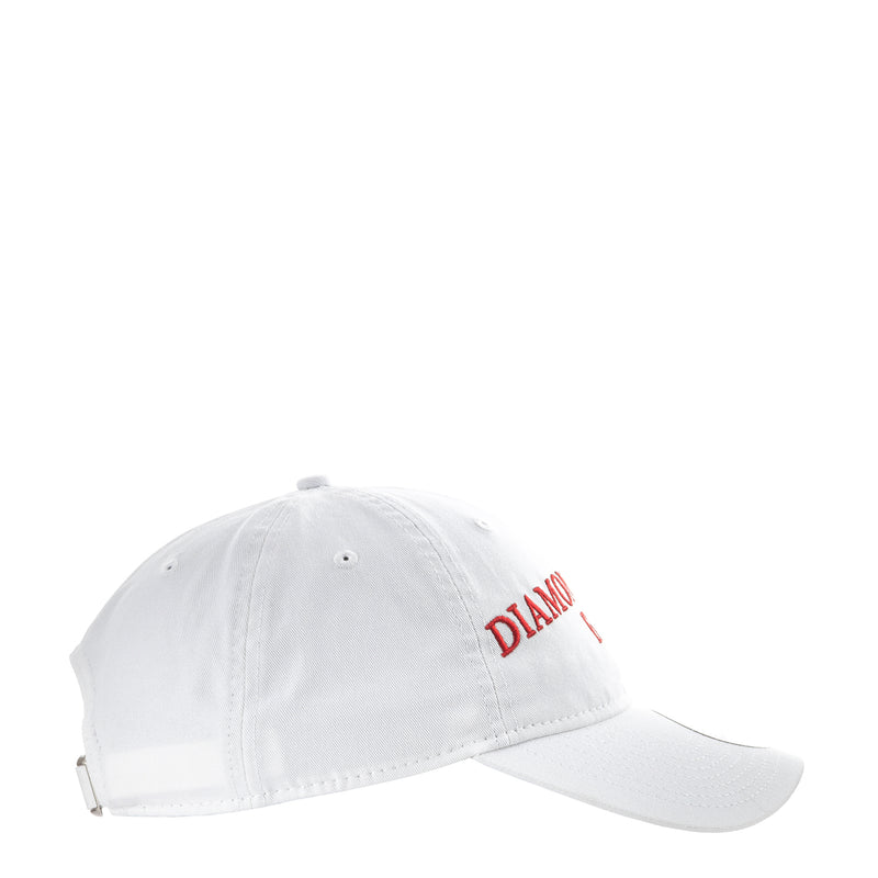White Diamondbacks fan cap, side profile with partial red 'DIAMOND' lettering and small logo