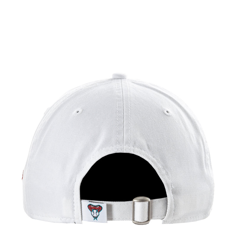 White Diamondbacks fan cap back view with adjustable strap, metal buckle, and logo patch