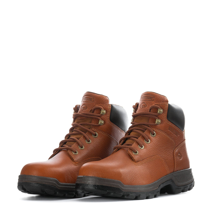 Pair of men's brown steel-toe boots, laced high-tops with black heel/collar panels
