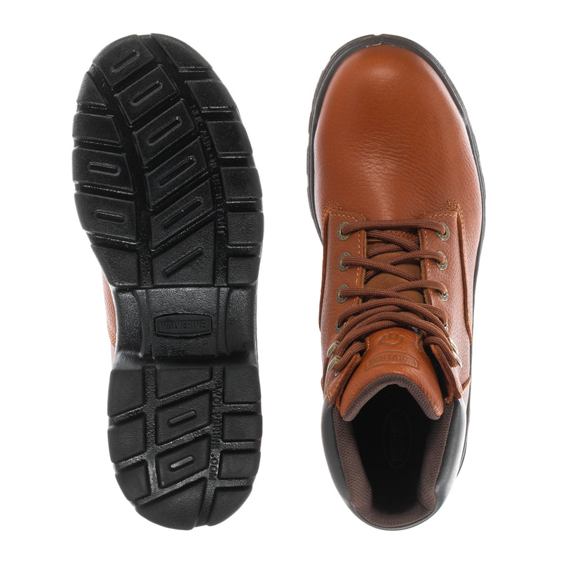 Men's steel-toe boot outsole and front profile, brown leather upper, black rubber sole