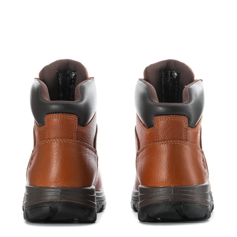 Men's brown steel-toe boots, back view with black heel and collar, lug sole