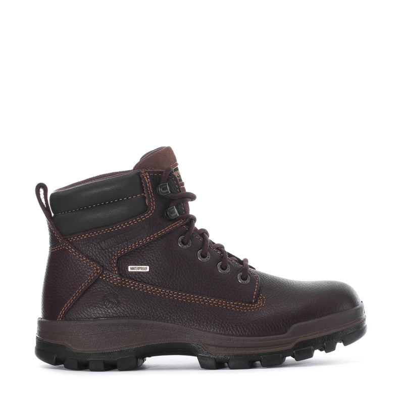 Men's dark brown waterproof work boots with lace-up design and padded collar