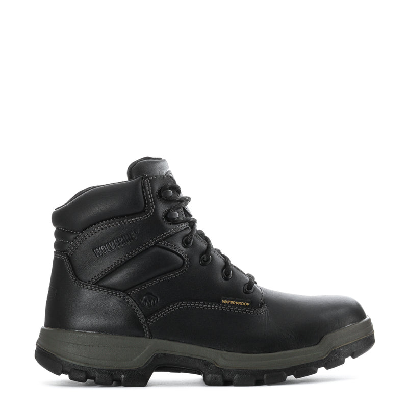Black lace-up work boot with padded collar and rugged rubber tread