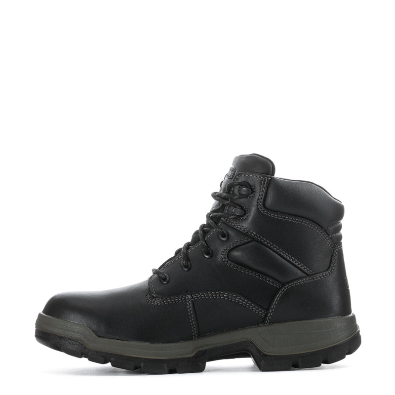 Black lace-up work boot, side view, padded collar and thick rubber sole