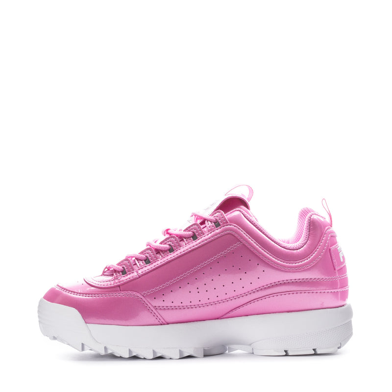 Youth pink metallic FILA sneakers, side view with lace-up and padded collar