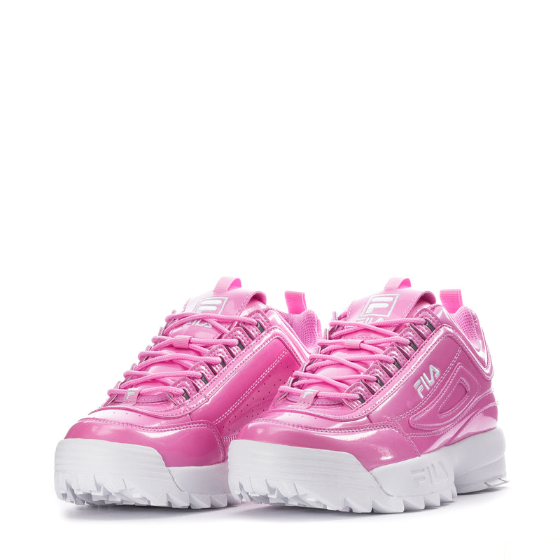 Youth pink metallic FILA sneakers, front view pair with lace-up and cushioned tongue