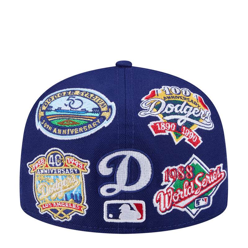 Royal blue Dodgers baseball cap with allover multi-logo patches