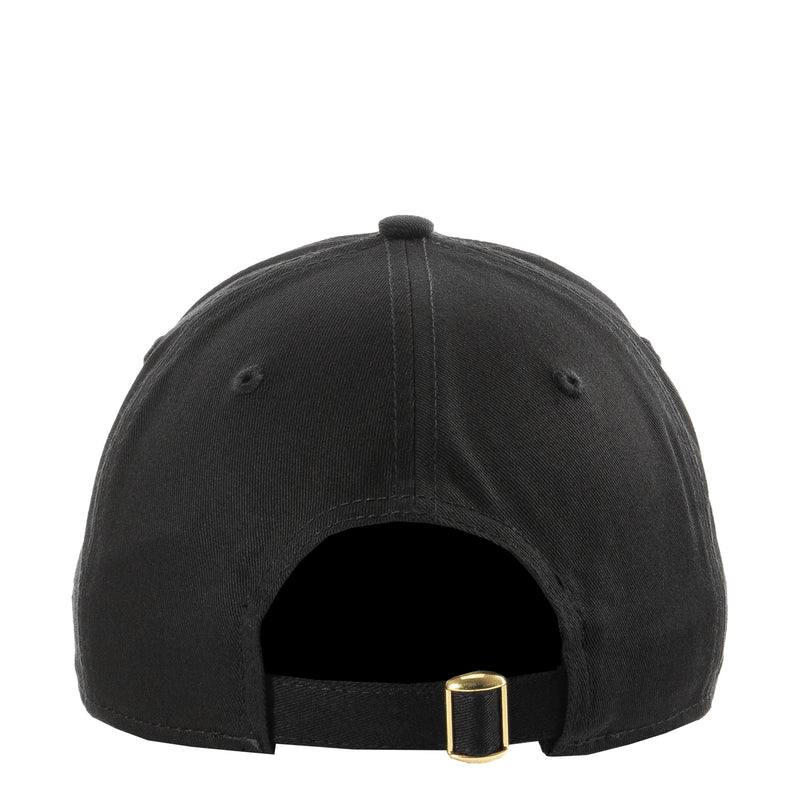 Black baseball cap with back strap and gold-tone buckle