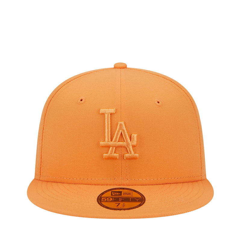 Orange baseball cap with raised LA logo and New Era side patch