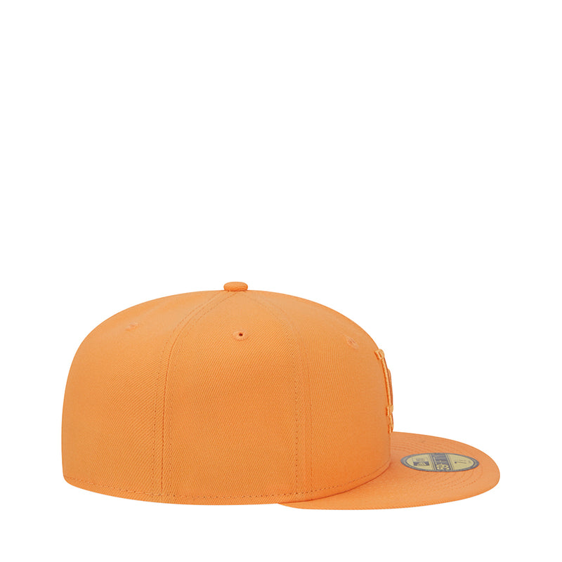 Orange baseball cap with flat brim and small top button