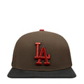 Two-tone strapback cap, brown crown with red LA embroidered logo and black brim