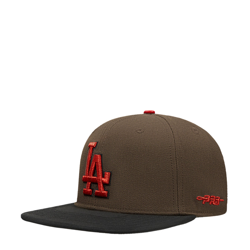 Two-tone strapback cap, brown crown with red LA front and red side logo detail