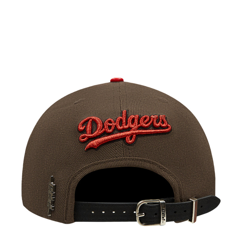 Two-tone strapback cap, brown crown with red 'Dodgers' script and black adjustable strap