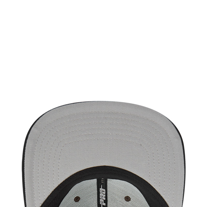 Light gray strapback cap with black curved trim and eyelets