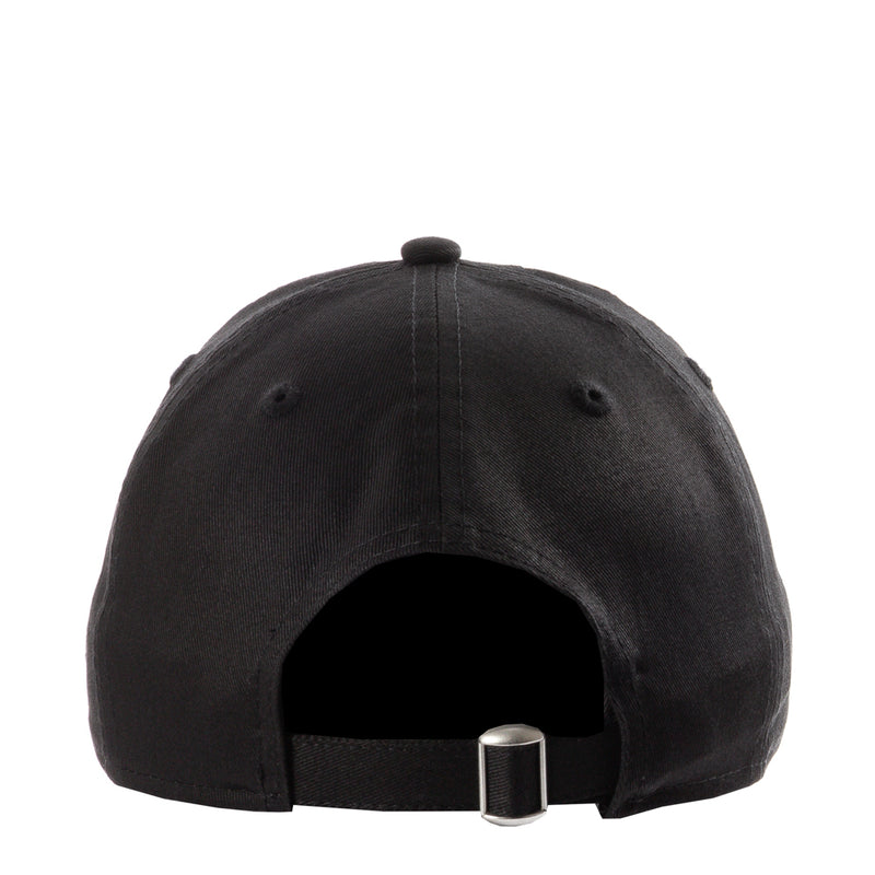 Black baseball cap back view with metal strap adjuster