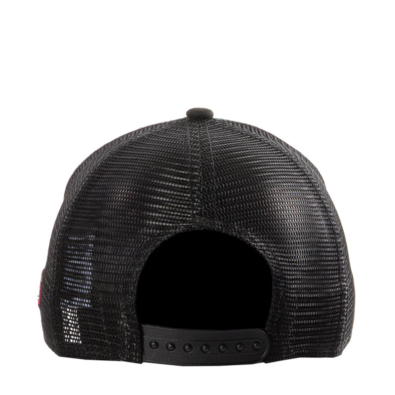 Black mesh trucker cap with snapback strap back panel