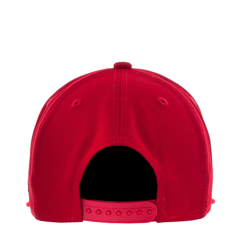 Red baseball cap interior view with black adjustable strap