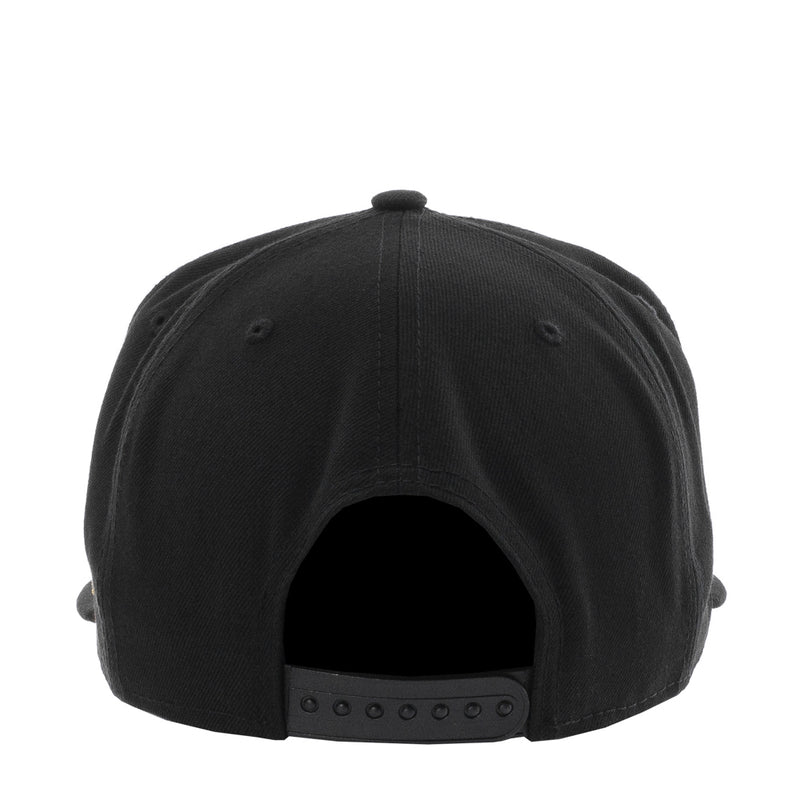 Black baseball cap with open back and adjustable strap
