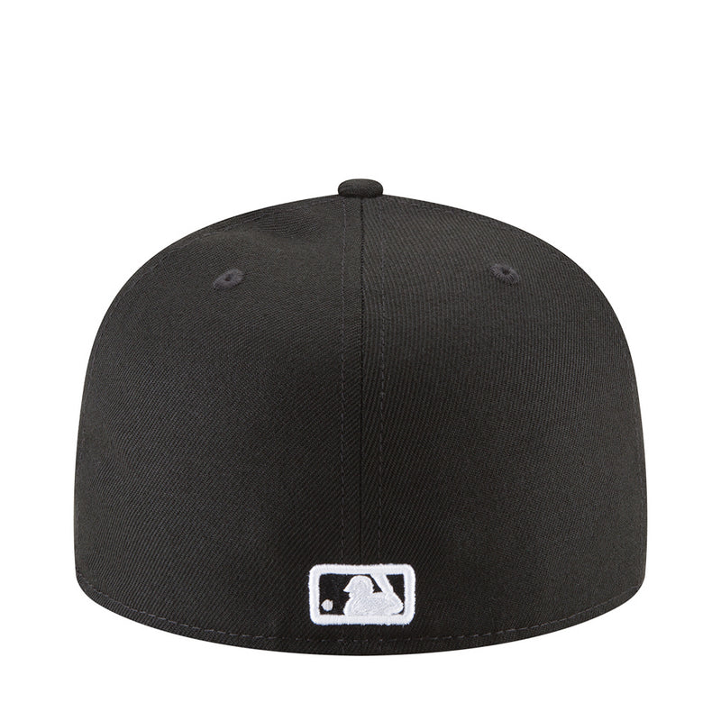Black baseball cap with white MLB logo patch on back panel