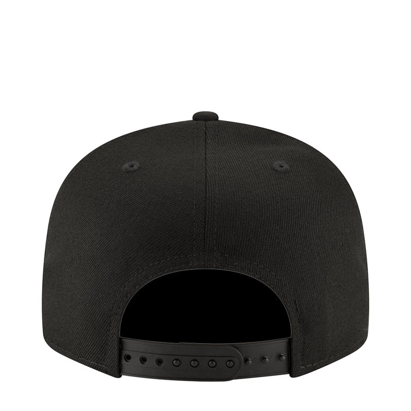Black baseball cap back view with adjustable snap strap and vent eyelets