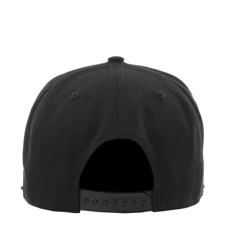 Black baseball cap back view with adjustable strap and ventilation eyelets